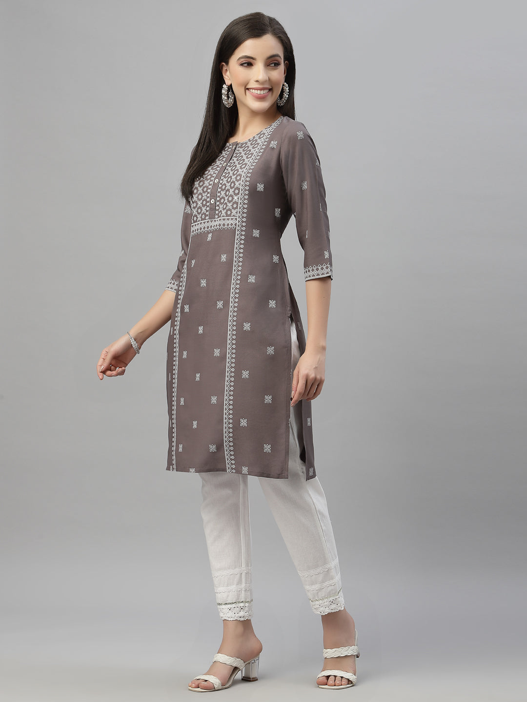 Grey Rayon Festive Placement Print Straight Kurta