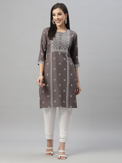 Grey Rayon Festive Placement Print Straight Kurta