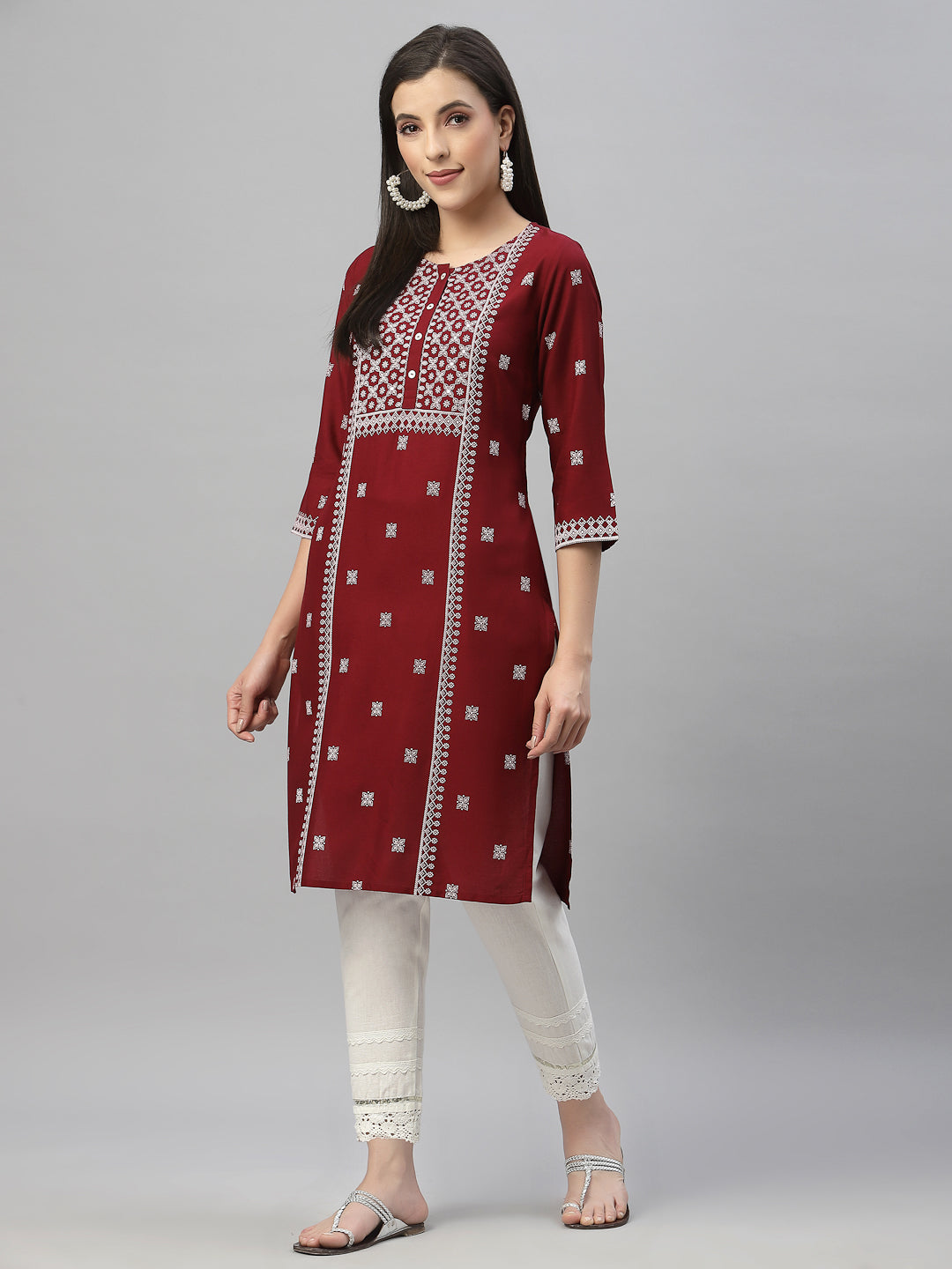 Maroon Rayon Festive Placement Print Straight Kurta