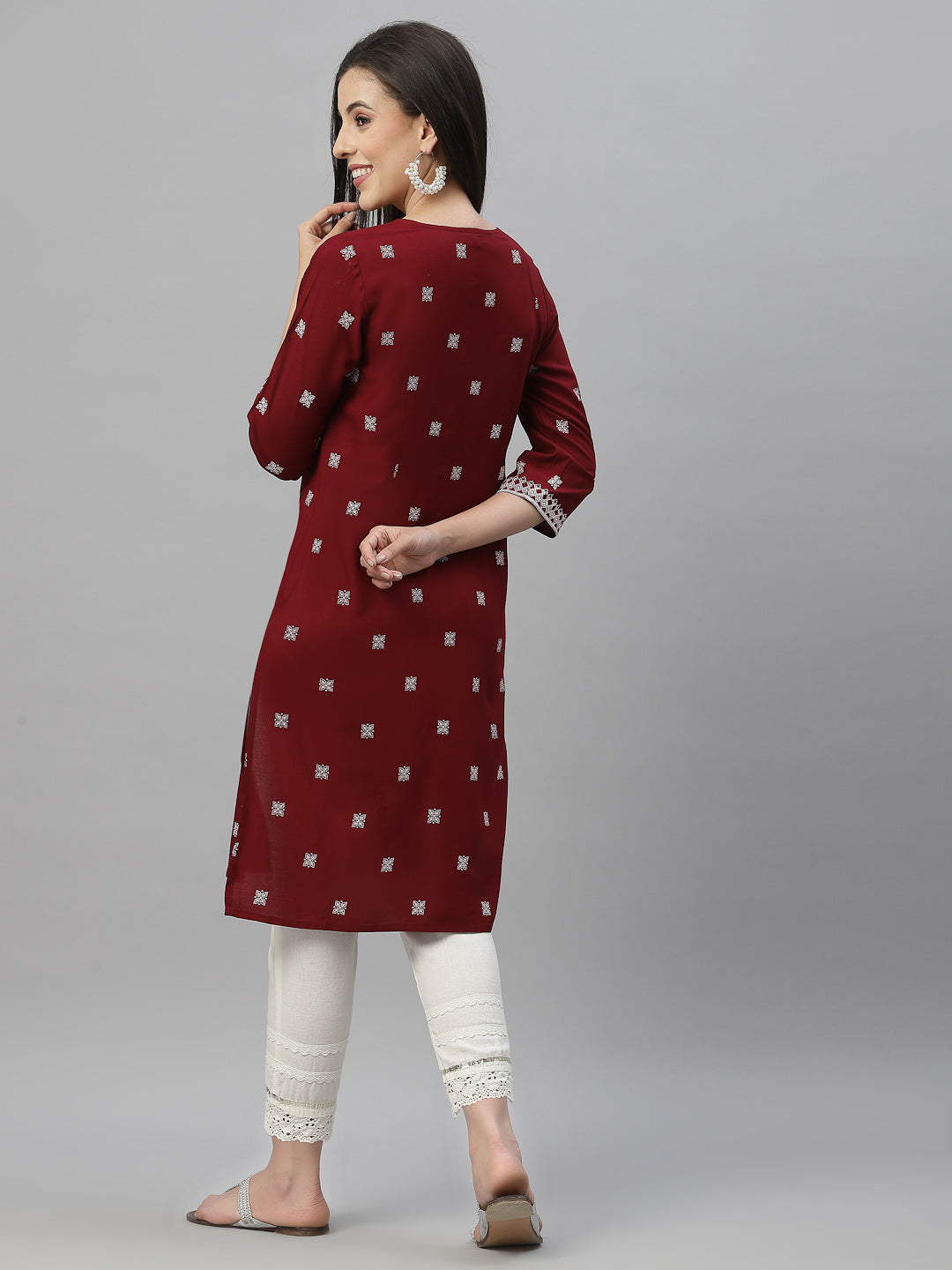 Maroon Rayon Festive Placement Print Straight Kurta