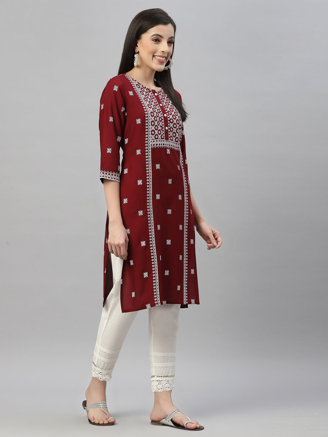 Maroon Rayon Festive Placement Print Straight Kurta