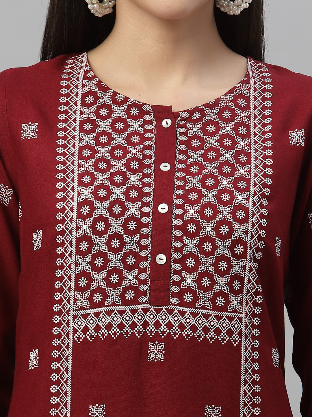 Maroon Rayon Festive Placement Print Straight Kurta