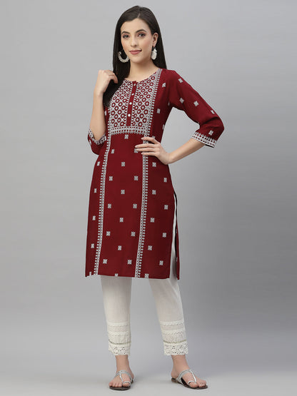 Maroon Rayon Festive Placement Print Straight Kurta