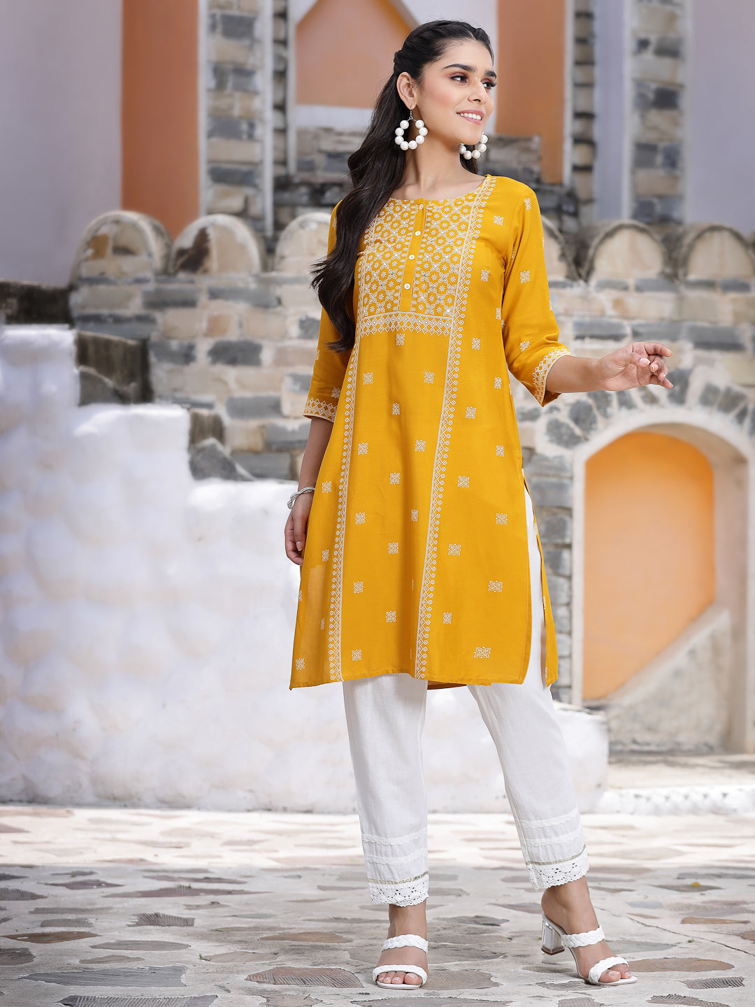 Mustard Rayon Placement Print Straight Kurta