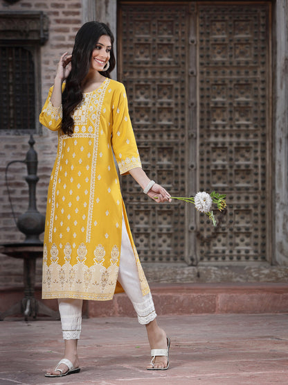 Mustard Rayon Printed Straight Kurta
