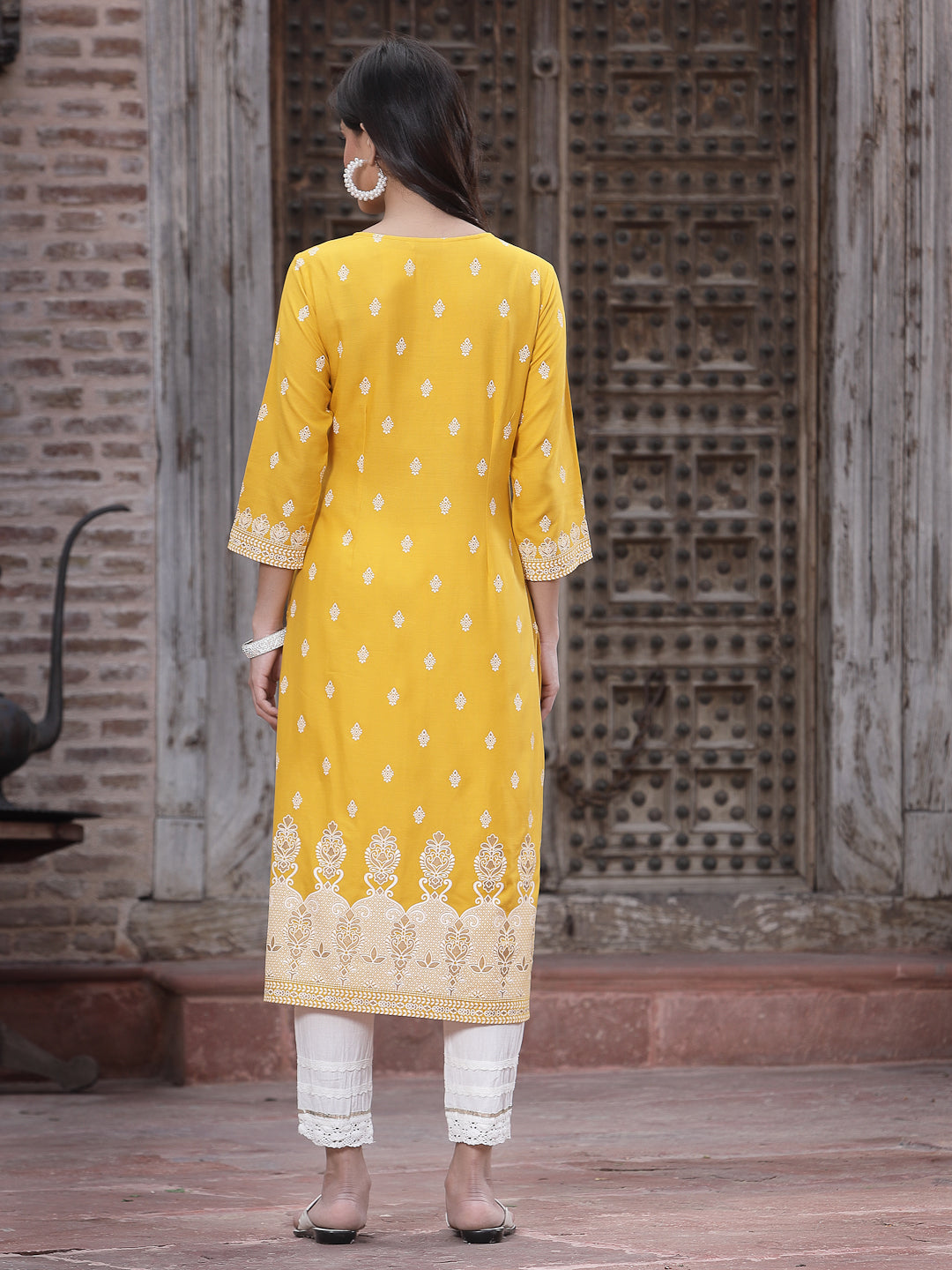 Mustard Rayon Printed Straight Kurta