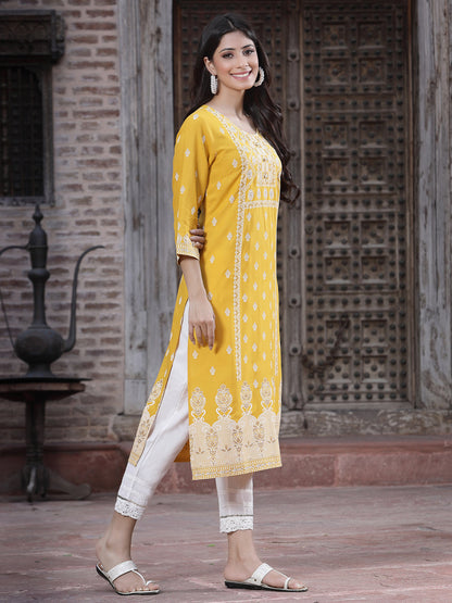 Mustard Rayon Printed Straight Kurta