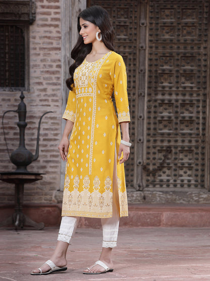 Mustard Rayon Printed Straight Kurta