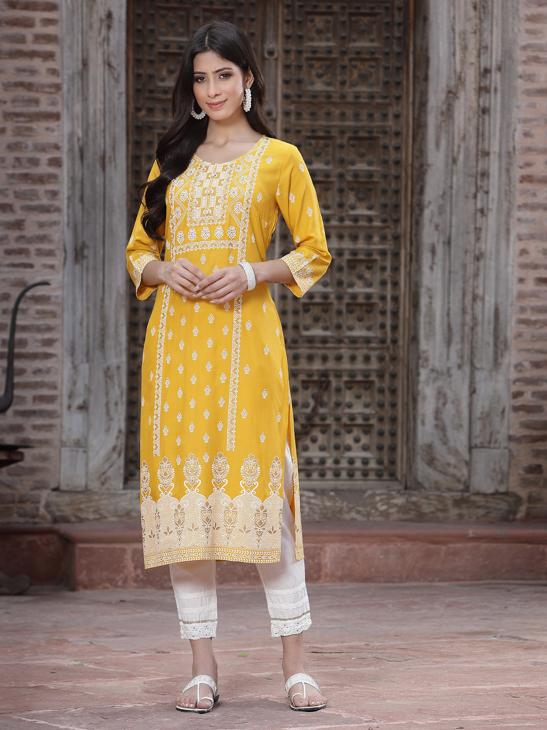 Mustard Rayon Printed Straight Kurta