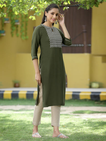 Green Rayon Festive Embroidered Straight Kurta