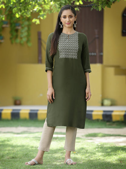Green Rayon Festive Embroidered Straight Kurta
