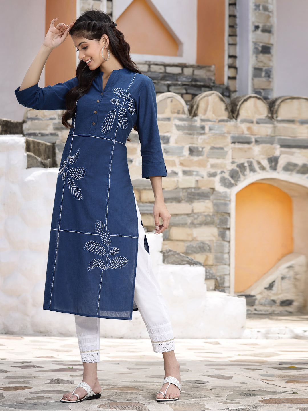 Royal Blue Cotton Embroidered Straight Kurta