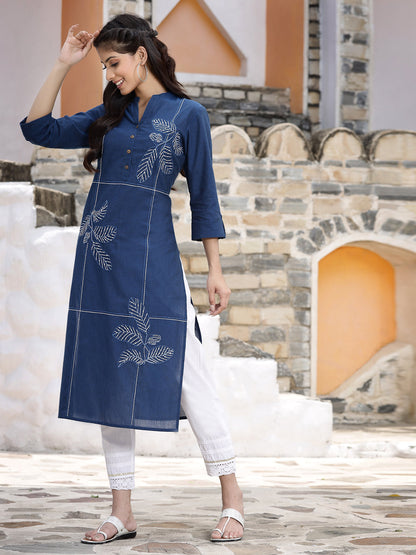 Royal Blue Cotton Embroidered Straight Kurta