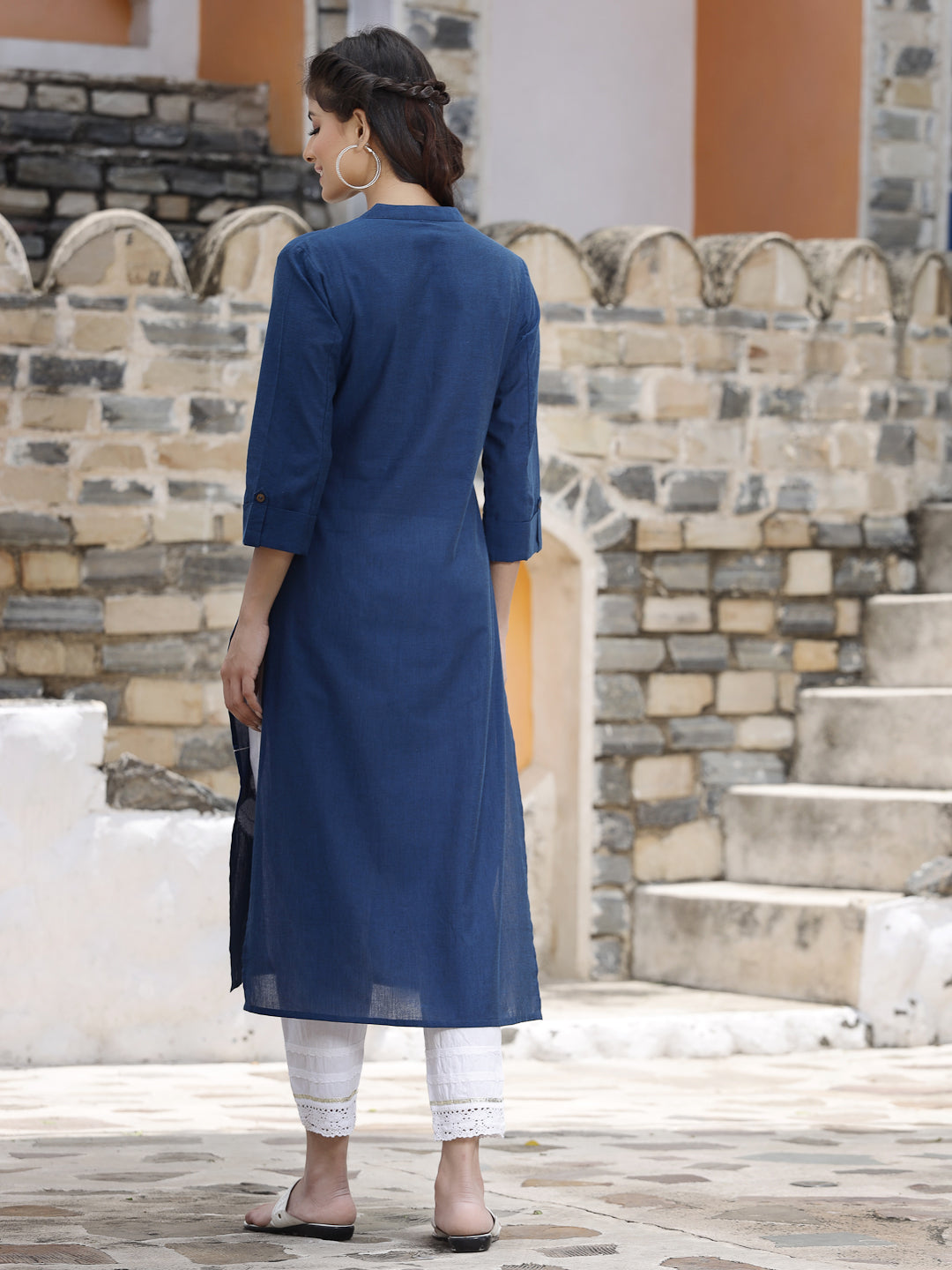 Royal Blue Cotton Embroidered Straight Kurta