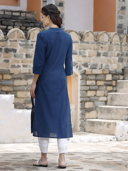 Royal Blue Cotton Embroidered Straight Kurta