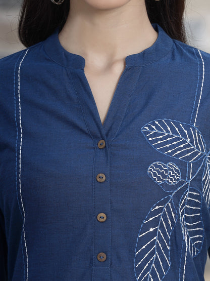 Royal Blue Cotton Embroidered Straight Kurta