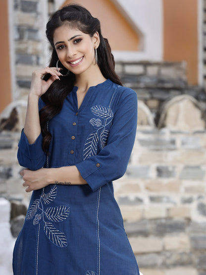 Royal Blue Cotton Embroidered Straight Kurta
