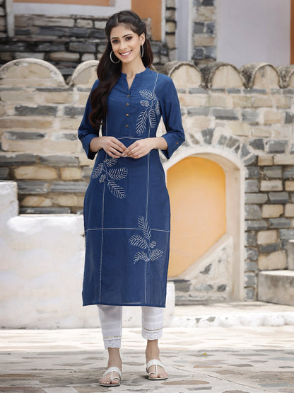 Royal Blue Cotton Embroidered Straight Kurta