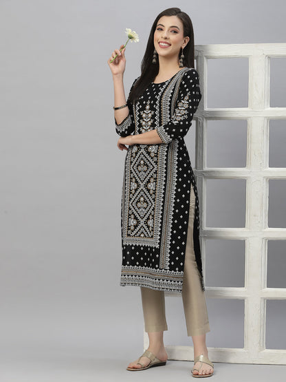 Black Rayon Festive Placement Print Straight Kurta
