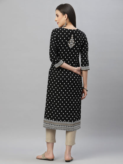 Black Rayon Festive Placement Print Straight Kurta