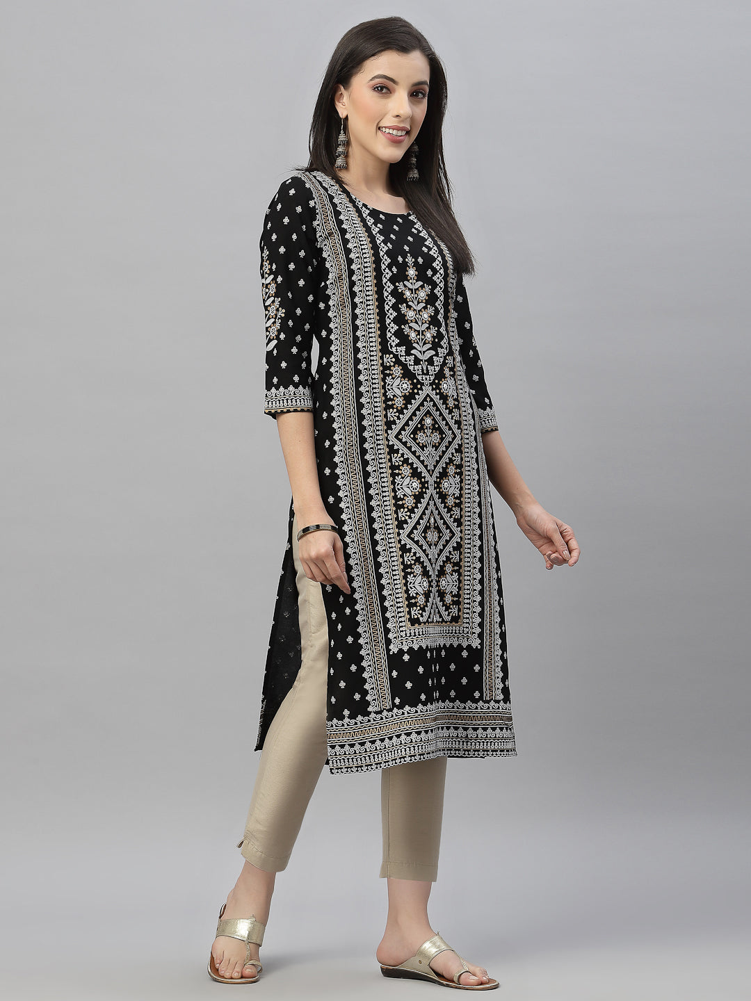 Black Rayon Festive Placement Print Straight Kurta
