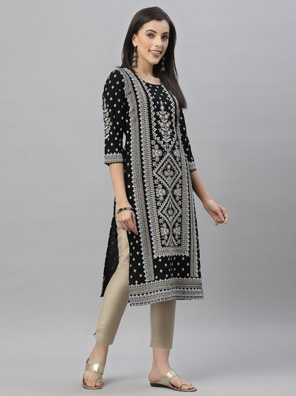 Black Rayon Festive Placement Print Straight Kurta
