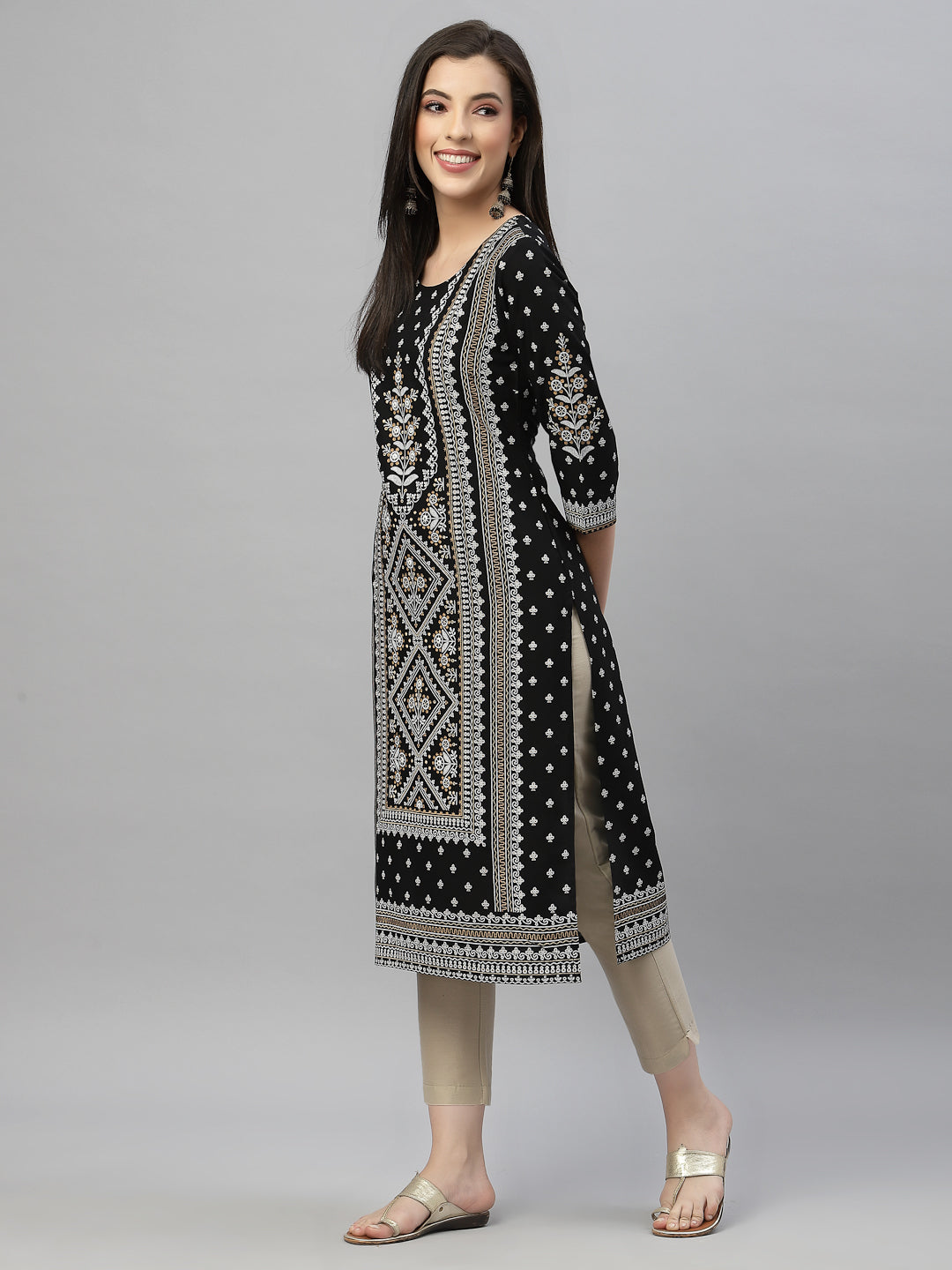 Black Rayon Festive Placement Print Straight Kurta