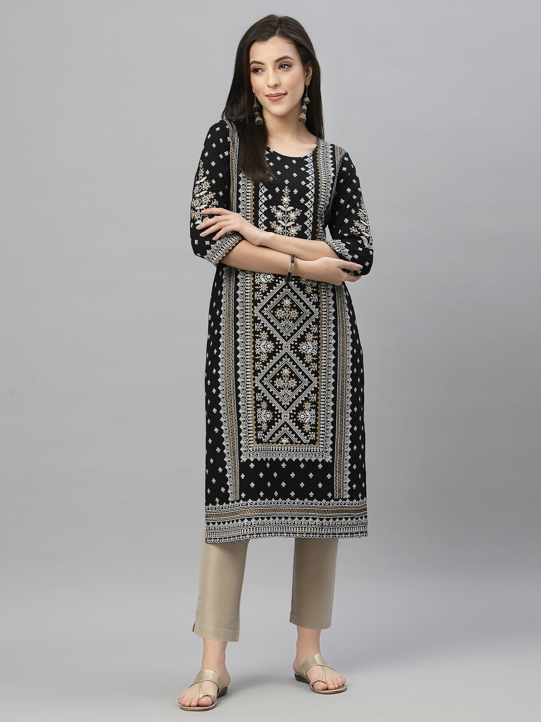 Black Rayon Festive Placement Print Straight Kurta