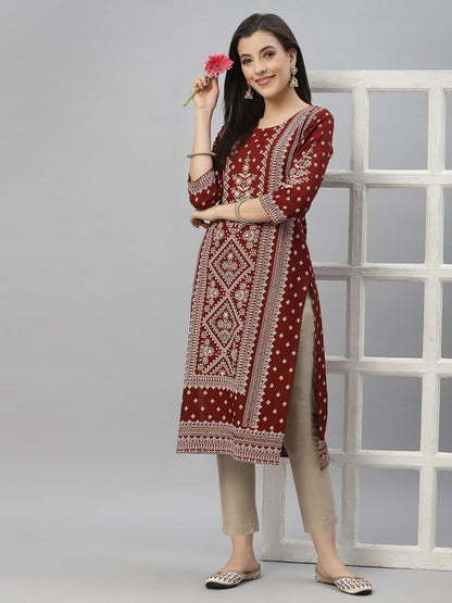 Maroon Rayon Festive Placement Print Straight Kurta