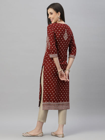 Maroon Rayon Festive Placement Print Straight Kurta