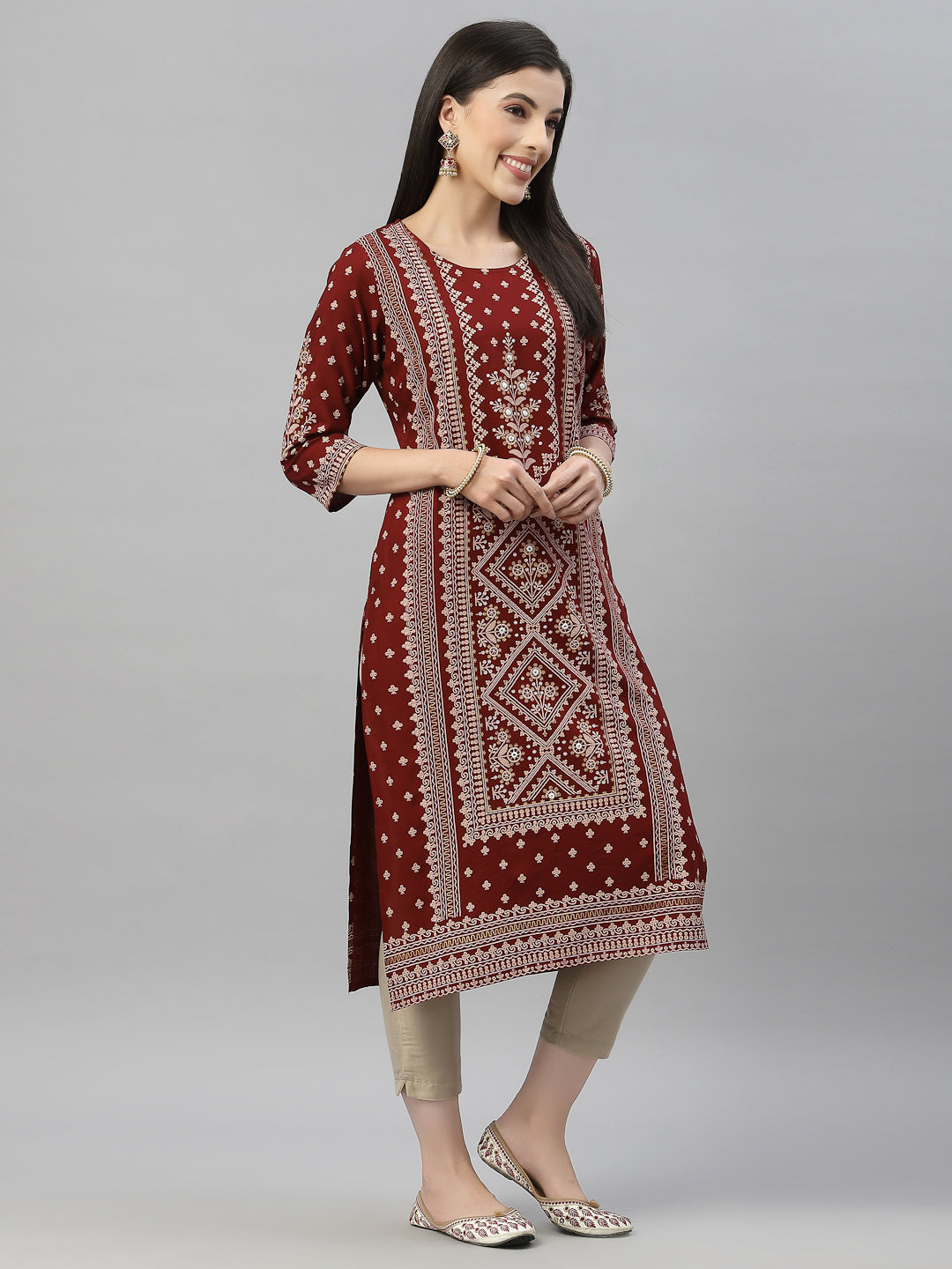 Maroon Rayon Festive Placement Print Straight Kurta