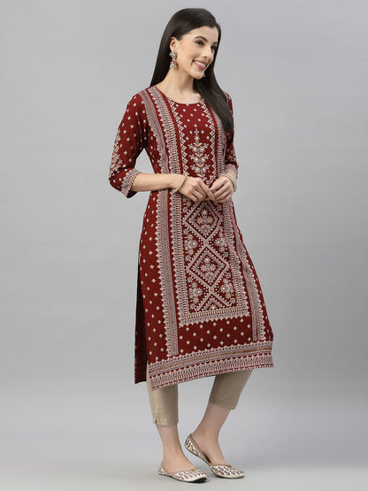 Maroon Rayon Festive Placement Print Straight Kurta