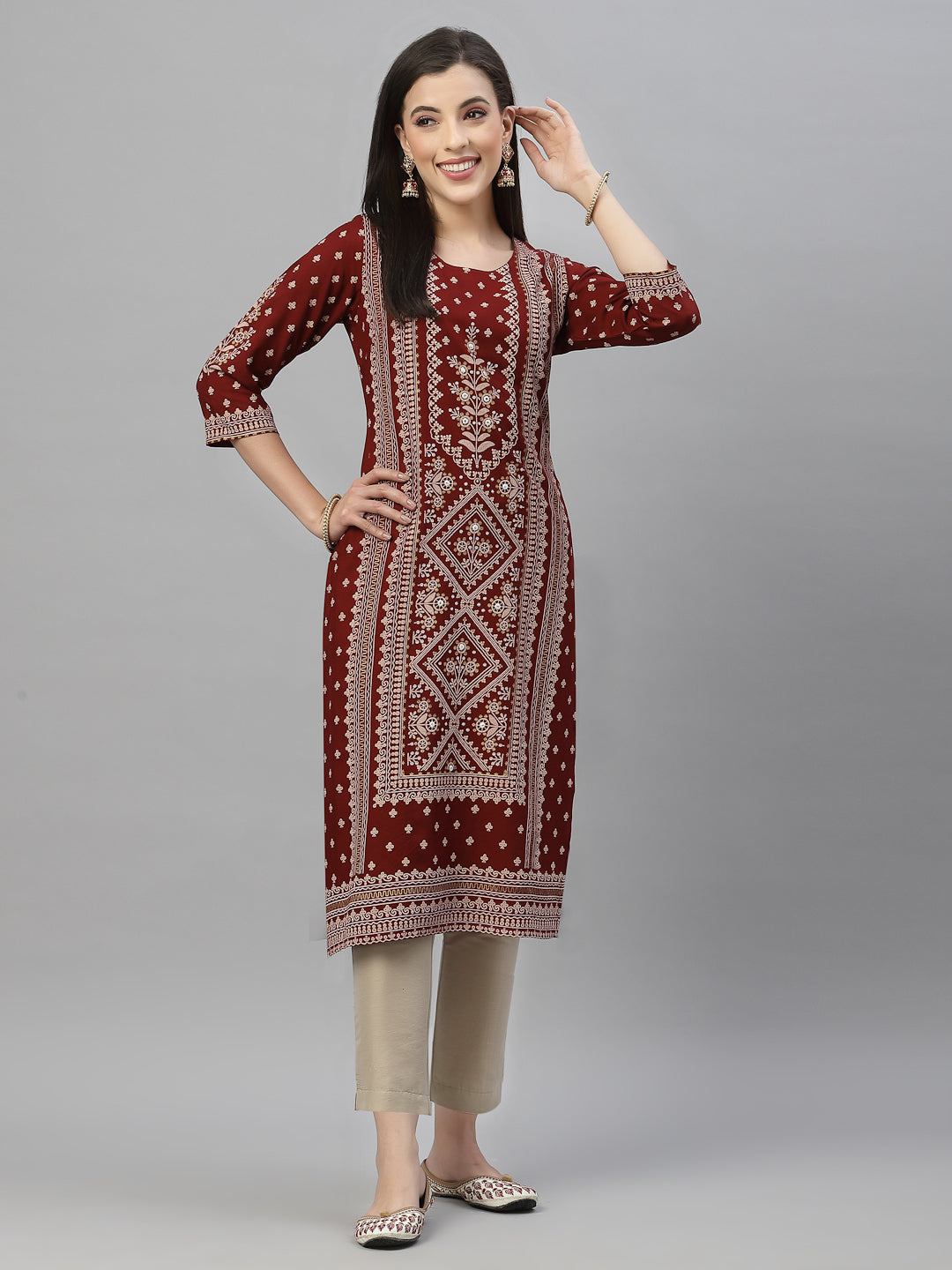 Maroon Rayon Festive Placement Print Straight Kurta