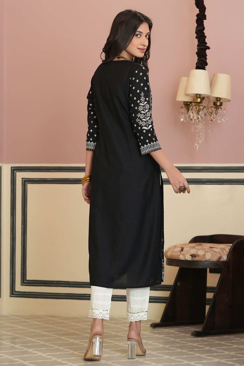 Black Rayon Staple Straight Placement Print Kurta