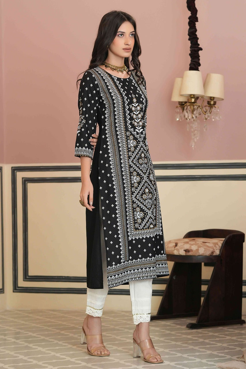 Black Rayon Staple Straight Placement Print Kurta