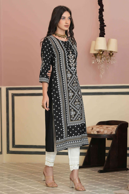 Black Rayon Staple Straight Placement Print Kurta