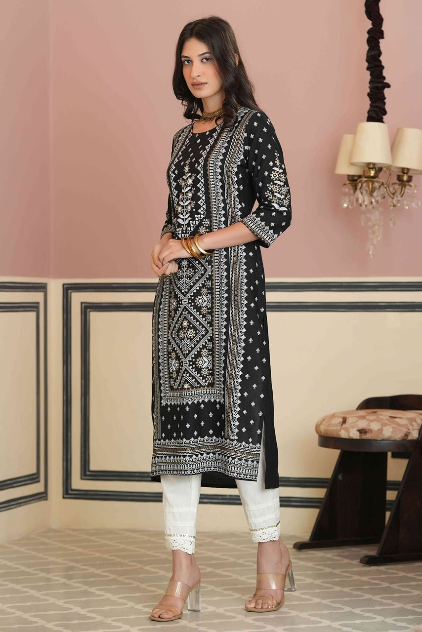 Black Rayon Staple Straight Placement Print Kurta