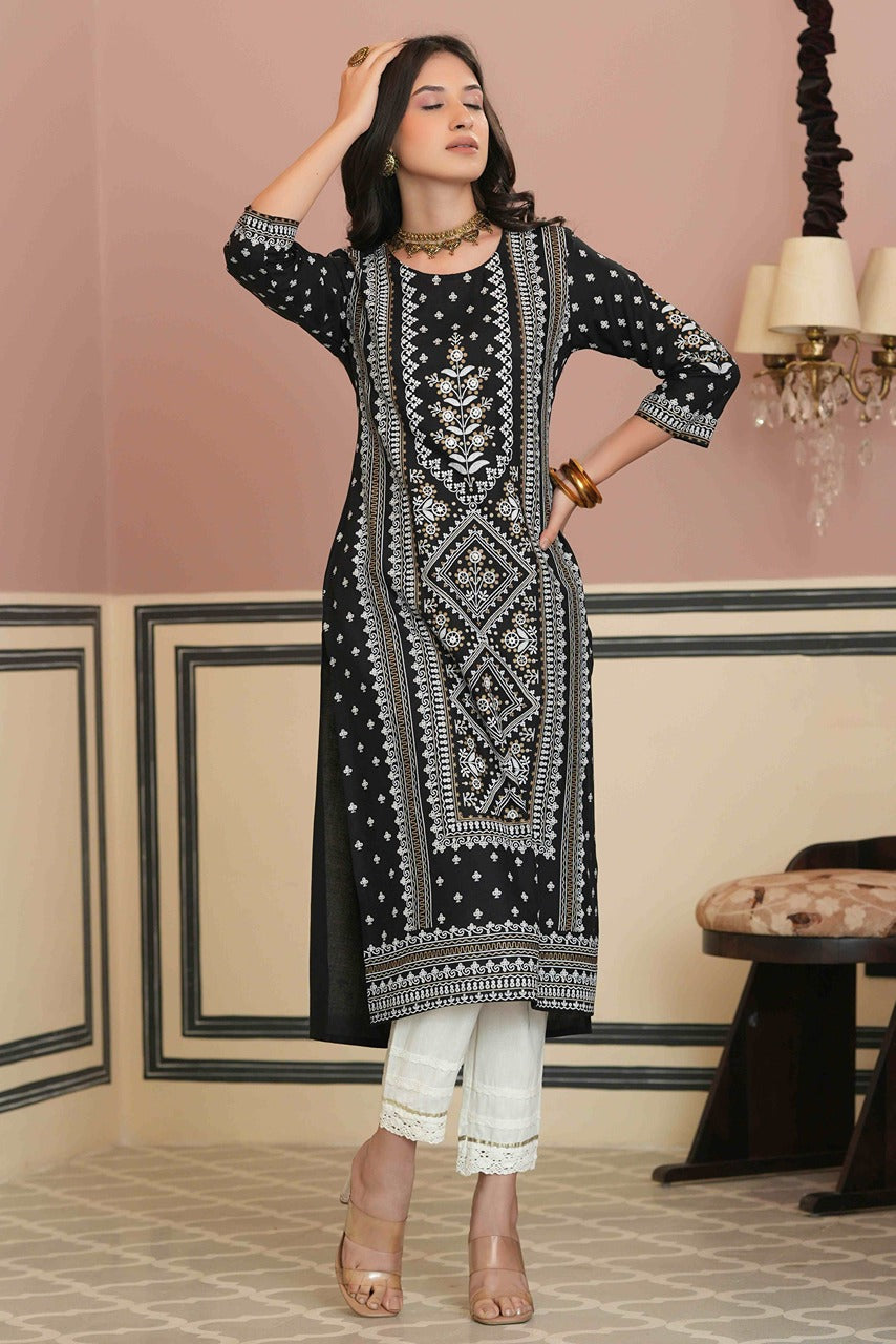 Black Rayon Staple Straight Placement Print Kurta