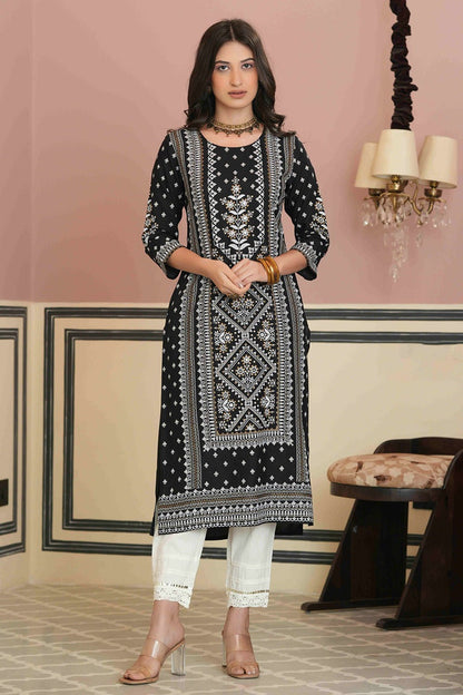 Black Rayon Staple Straight Placement Print Kurta