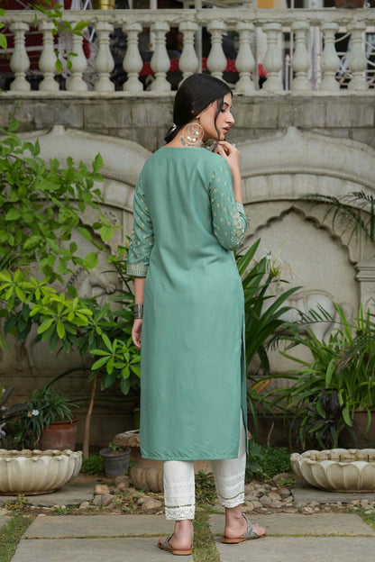 Sage Green Rayon Staple Straight Placement Print Kurta