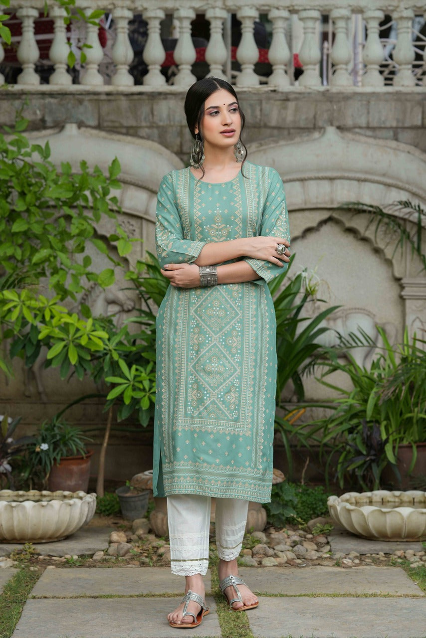 Sage Green Rayon Staple Straight Placement Print Kurta