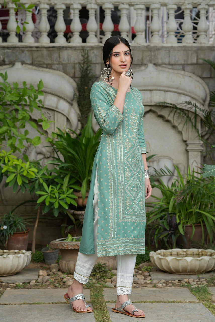 Sage Green Rayon Staple Straight Placement Print Kurta