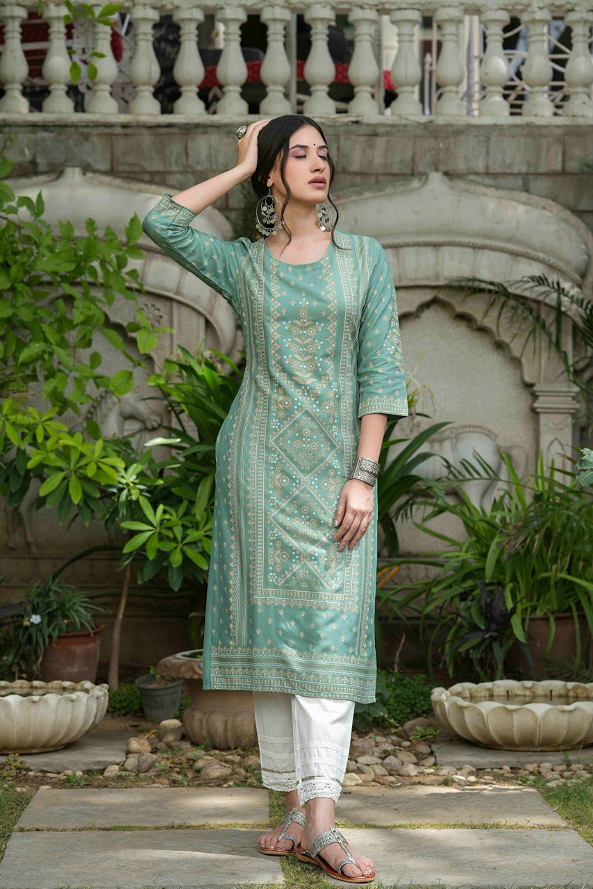 Sage Green Rayon Staple Straight Placement Print Kurta