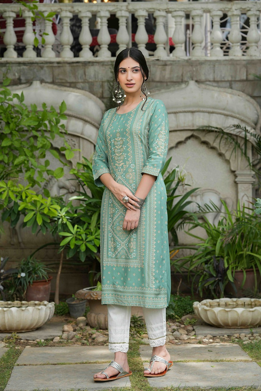 Sage Green Rayon Staple Straight Placement Print Kurta