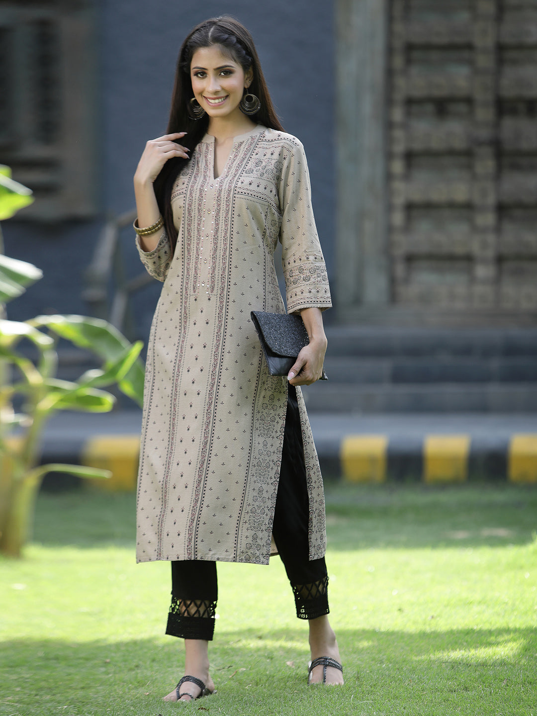 Beige Rayon Festive Placement Print Straight Kurta