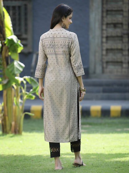 Beige Rayon Festive Placement Print Straight Kurta