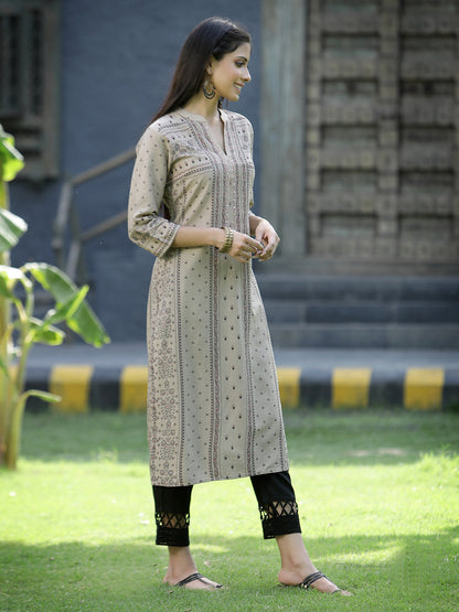 Beige Rayon Festive Placement Print Straight Kurta