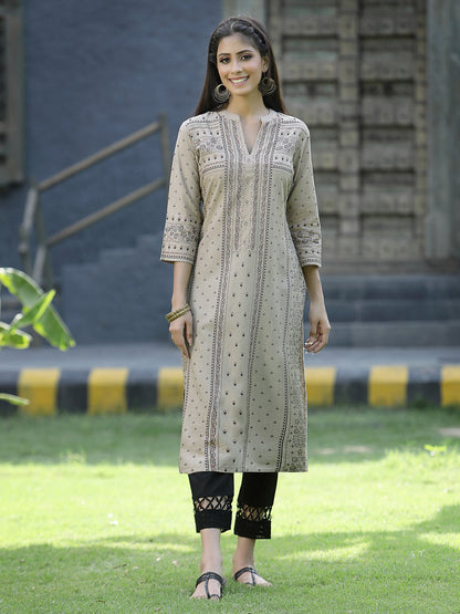 Beige Rayon Festive Placement Print Straight Kurta