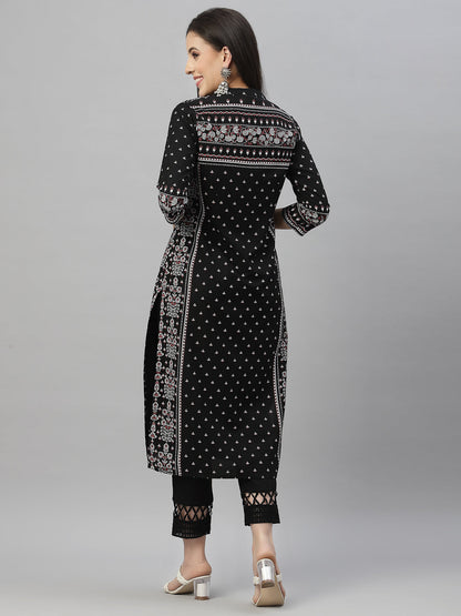Black Rayon Festive Placement Print Straight Kurta