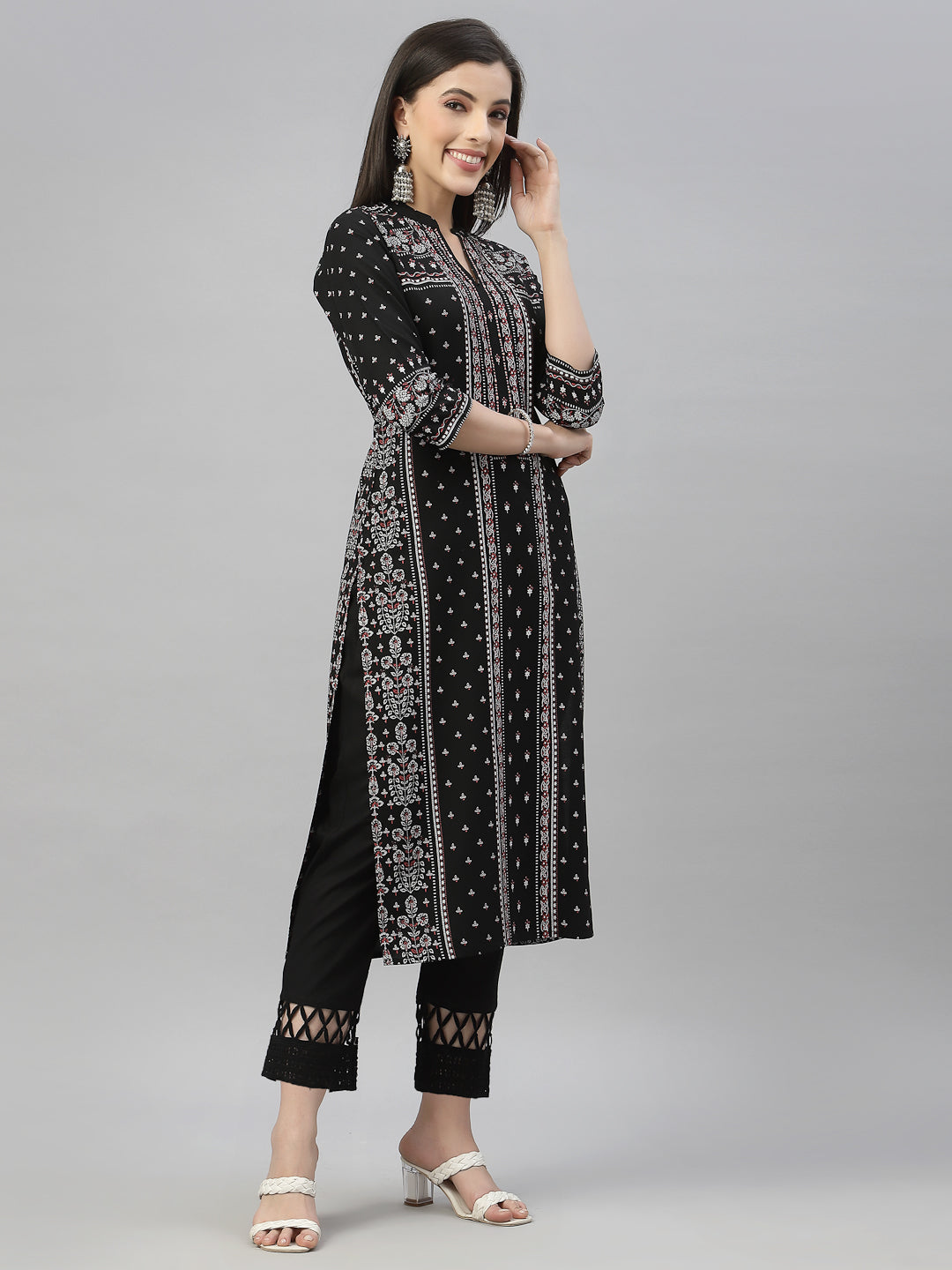 Black Rayon Festive Placement Print Straight Kurta